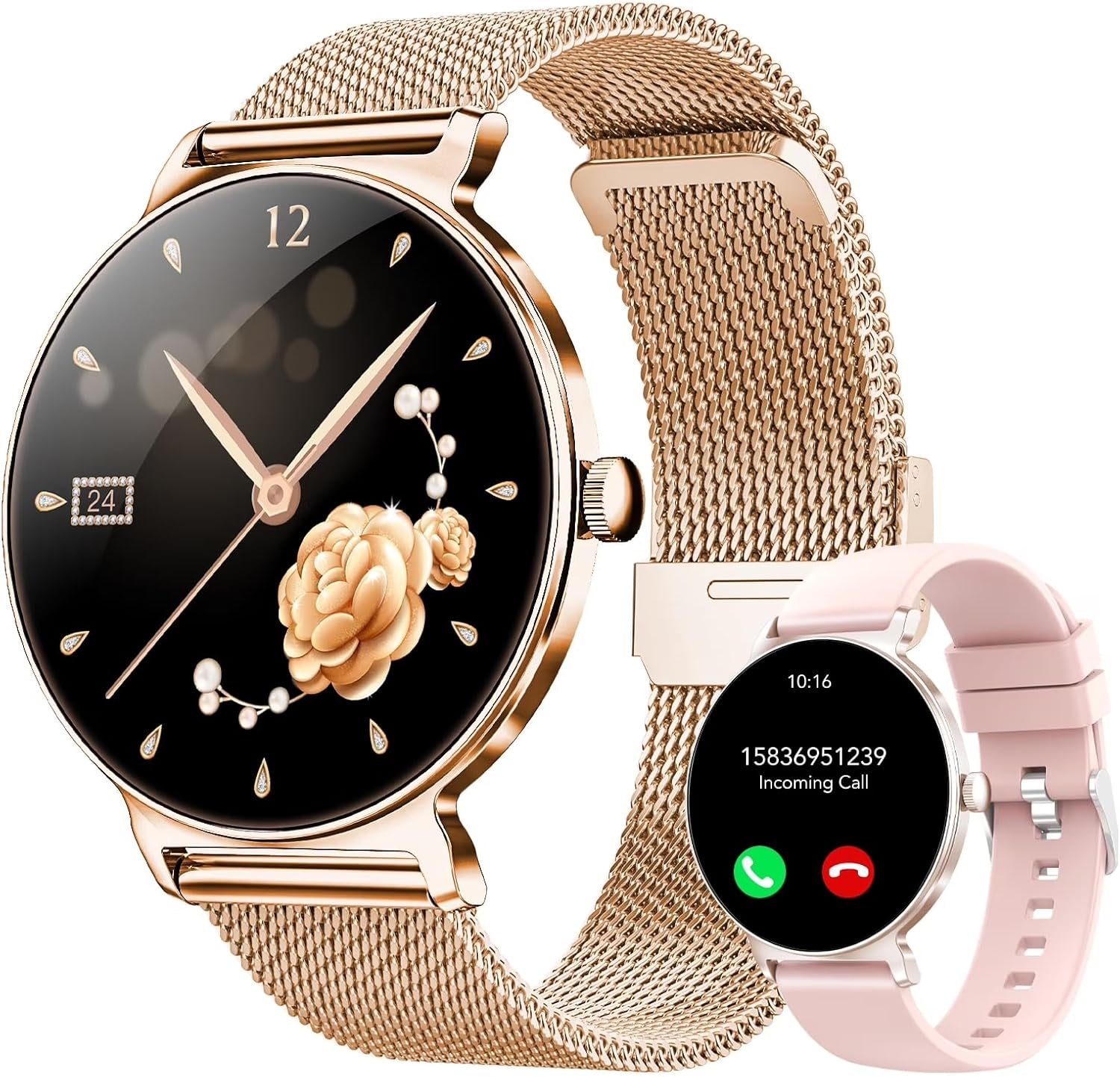 Smart Watches for Women, 1.27″ AMOLED Health Fitness Tracker with Bluetooth Calling (Answer/Make Calls), 120+ Sports Modes, Timer, IP68 Waterproof Watch for Android/iPhone (Rose Gold)
