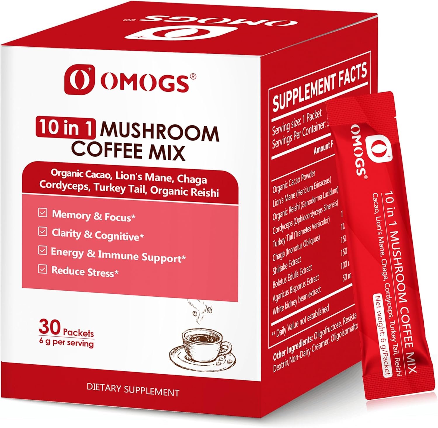 OMOGS Mushroom Coffee, 10 in 1 Extract Powder Blend Lion’s Mane, Reishi, Cordyceps, Chaga, Turkey Tail, Instant Coffee-for Energy, Focus, Memory, Digestion & Immunity, 30 Serving