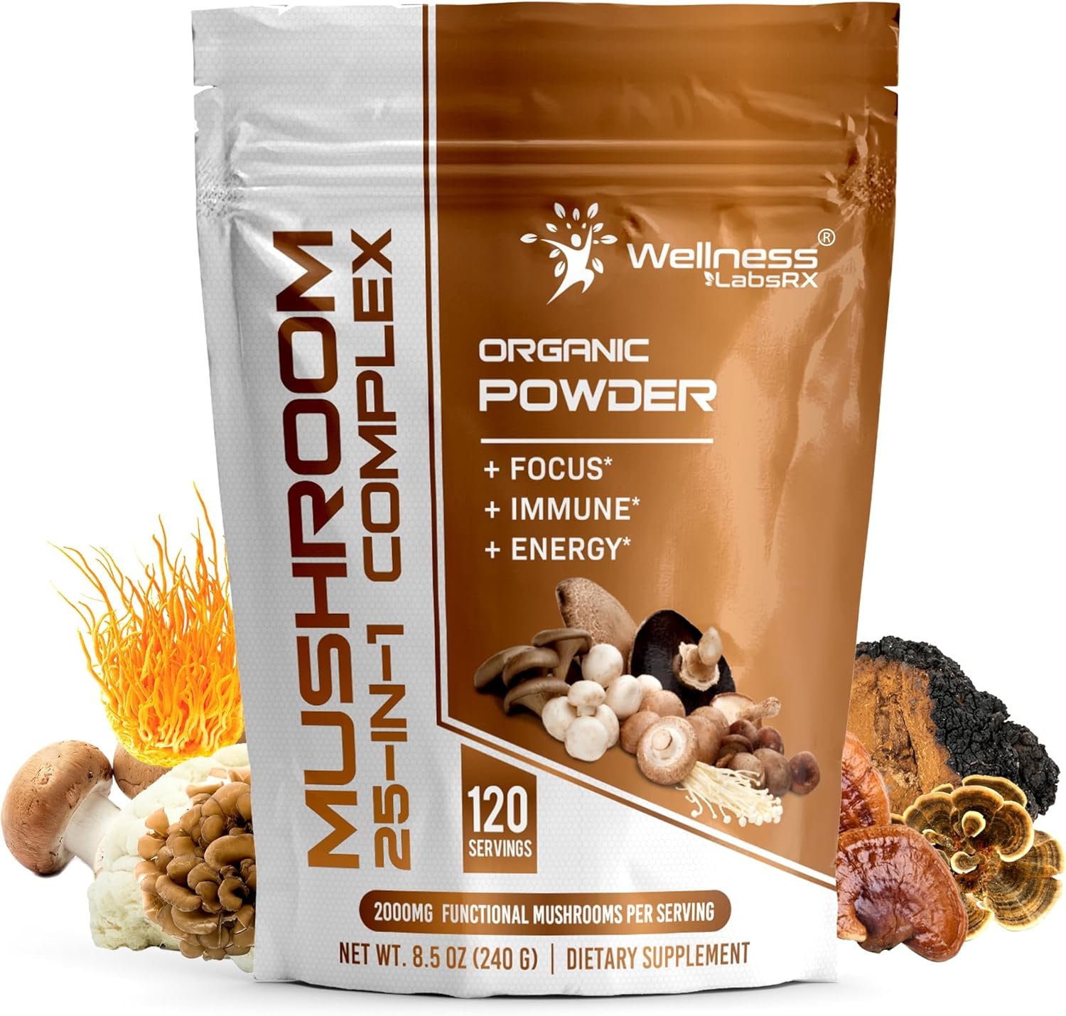 WELLNESS LABSRX Mushroom Powder, 25 in 1 Mushrooms Supplement – 2000mg, 25 Superfood Mishroom Lions Mane Powder with Chaga, Shiitake, Cordyceps, Reishi – Lion’s Mane Mushroom – 120 Servings