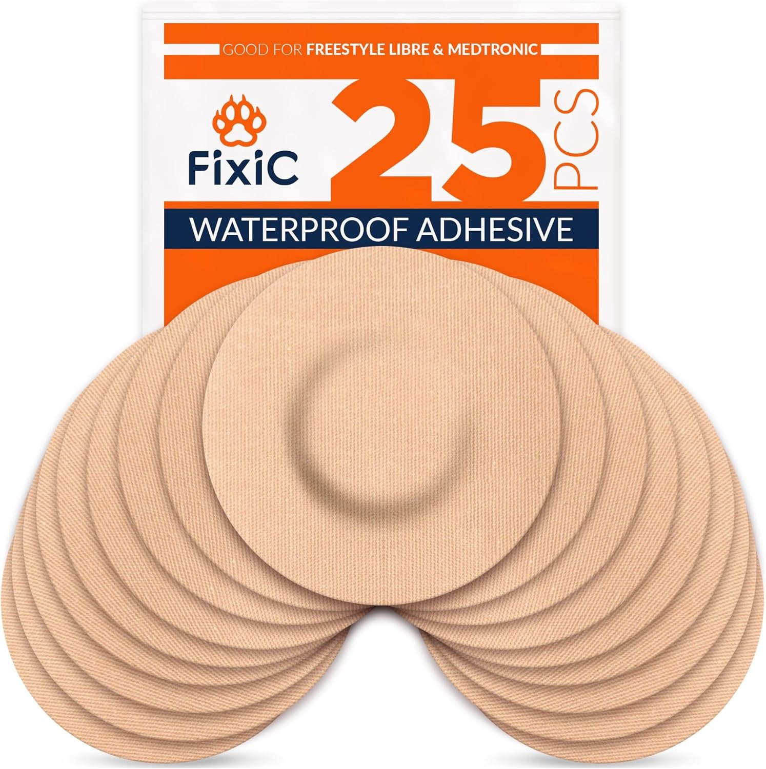 FixiС Adhesive Patches 25 Pack 3 1/2″ – Good for Libre 1, 2, 3 & Plus – G7 & Stelo – Guardian – Waterproof Adhesive Patches – Libre Adhesive Covers – Pre-Cut – The Best Fixation for Your Sensor! (Tan)