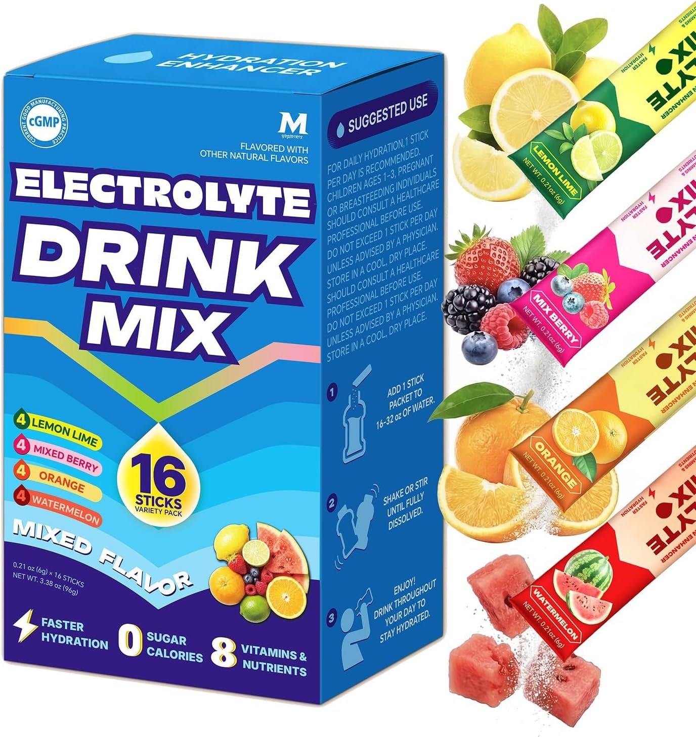 High Sodium Sugar Free Electrolyte Powder Packets, 16 Stick Pack — Hydration Drink Mix with Potassium & Magnesium, Zero Calorie Keto Friendly Hydration Powder, Variety Pack Flavors