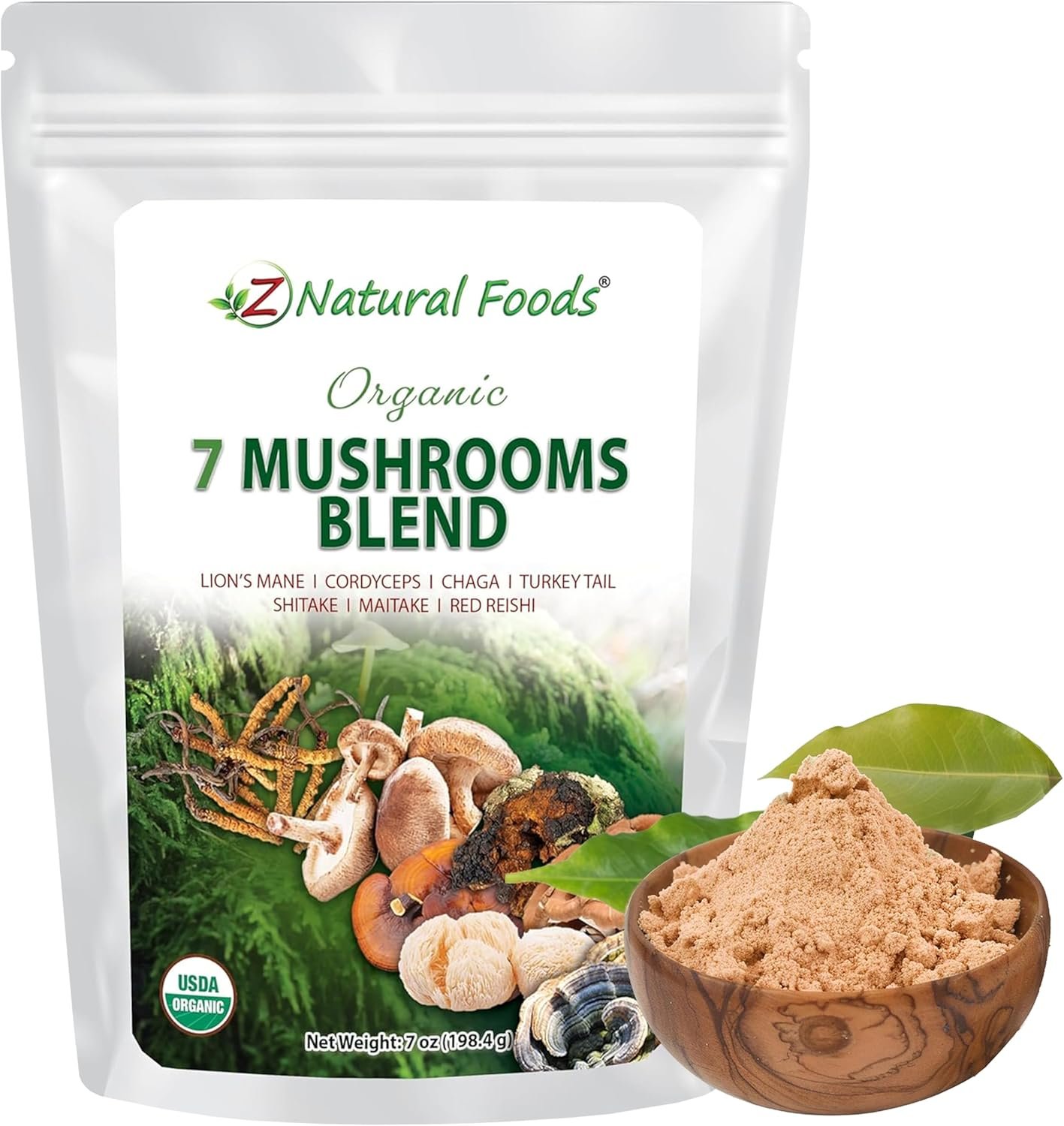 Z Natural Foods Organic 7 Sacred Mushrooms Blend – Mushroom Powder – Lion’s Mane, Cordyceps, Chaga, Red Reishi, Shiitake, Maitake & Turkey Tail Extract for Coffee, Smoothies, 7 oz
