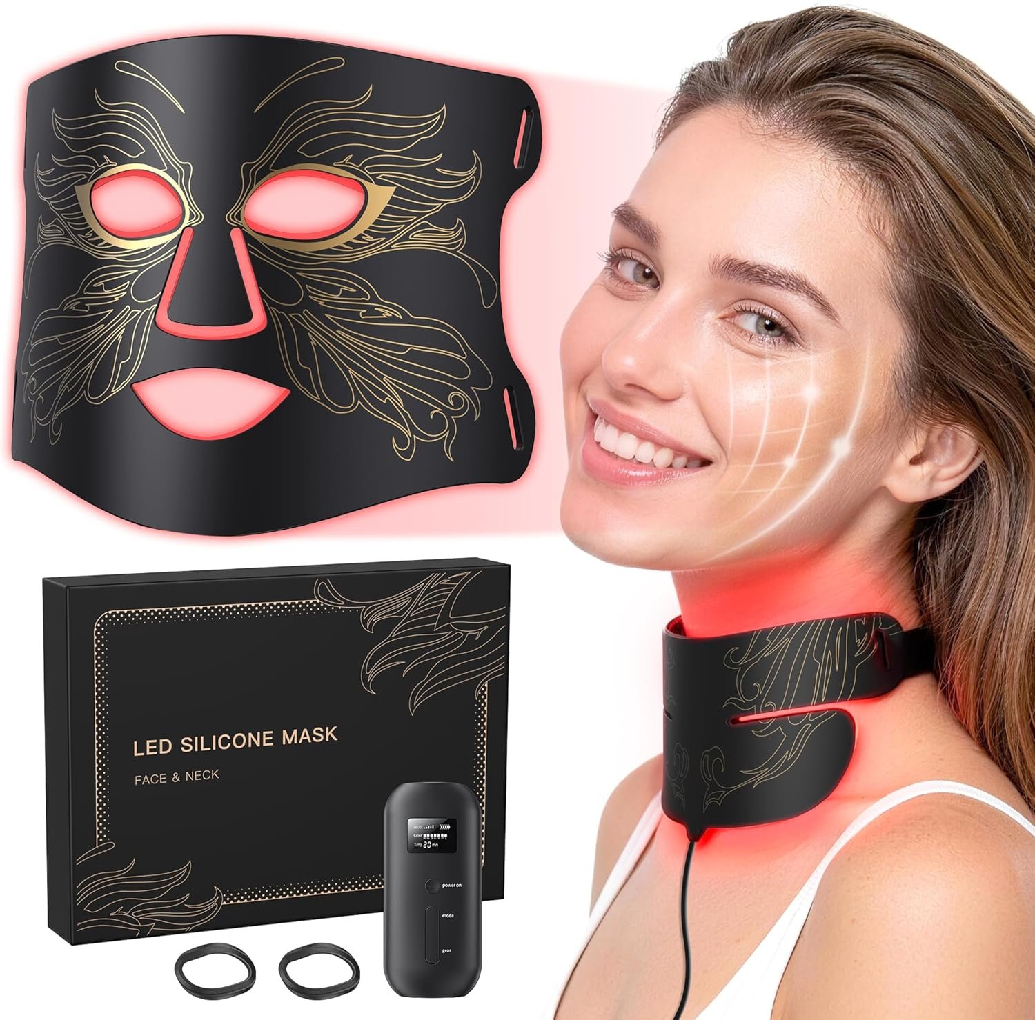 LED Light Therapy mask (E106A) Red Light Therapy for Face and Neck, 7 Colors Red Light Therapy Mask, Led Face Mask Light Therapy with 324 LED, 5 Brightness Levels & 20 Mins Timer for Home & Travel