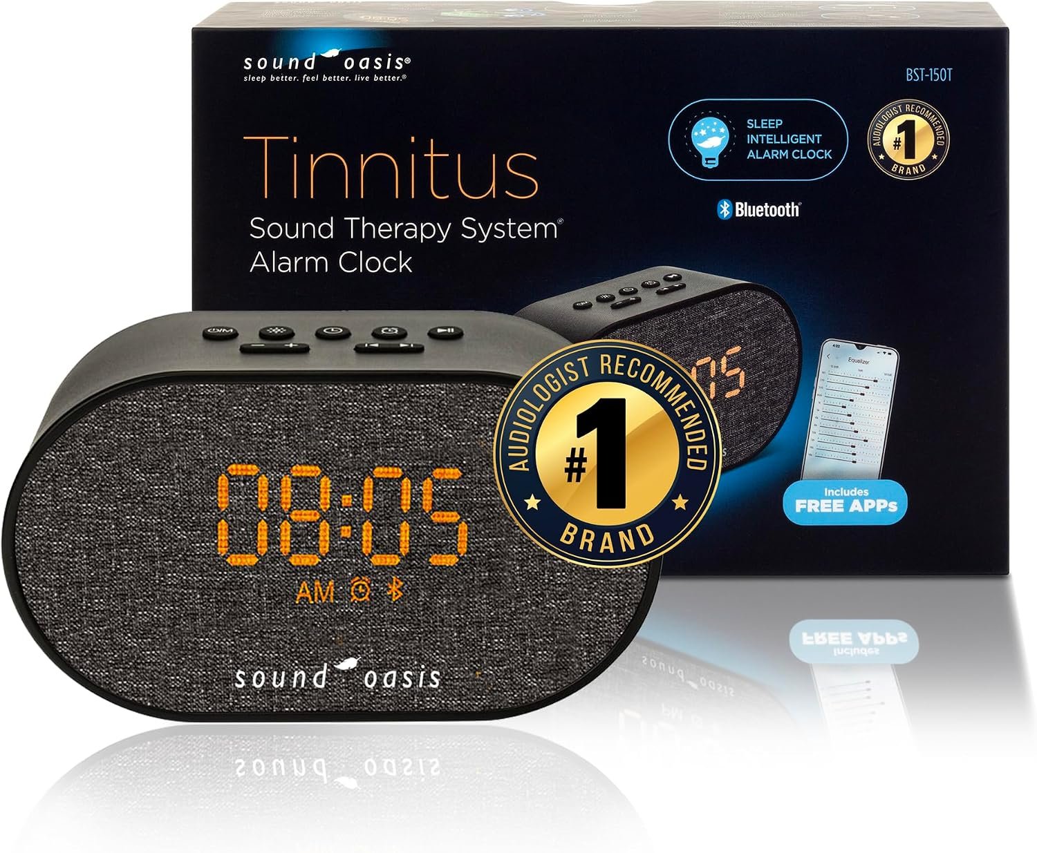 Sound Oasis® Bluetooth Tinnitus Sound Therapy System® Alarm Clock – Sleep Better, Manage and Mask Tinnitus, 30 Built-in Sounds for Tinnitus Relief, Sleep-Friendly Lighting, Travel Friendly (BST-150T)