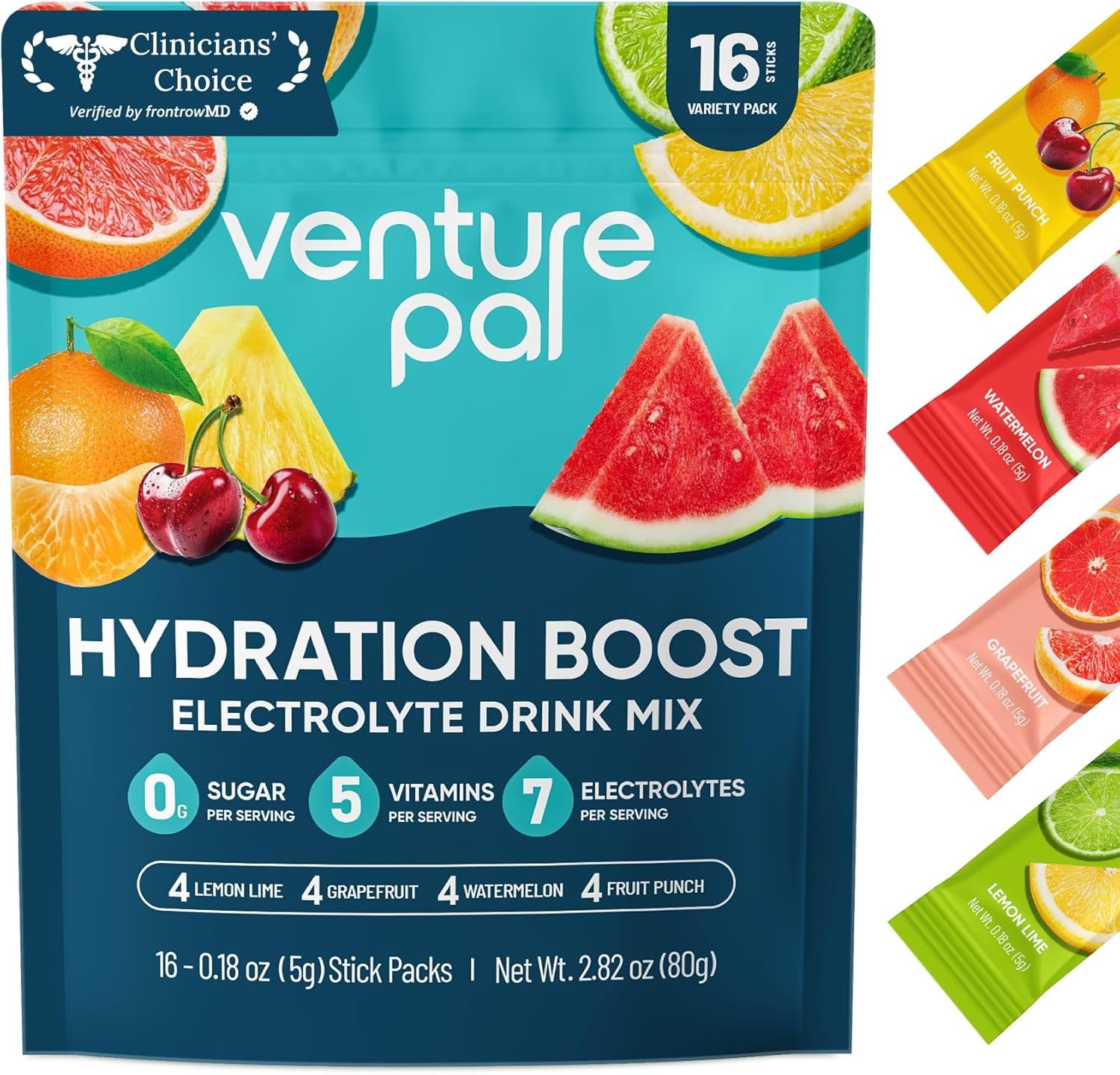 Venture Pal Sugar Free Electrolyte Powder Packets – Liquid Daily IV Hydration Packets for Rapid Rehydration | 7 Electrolytes & 5 Vitamins | Keto Friendly | Non-GMO | Vegan | Fast Dissolve | 16 Sticks