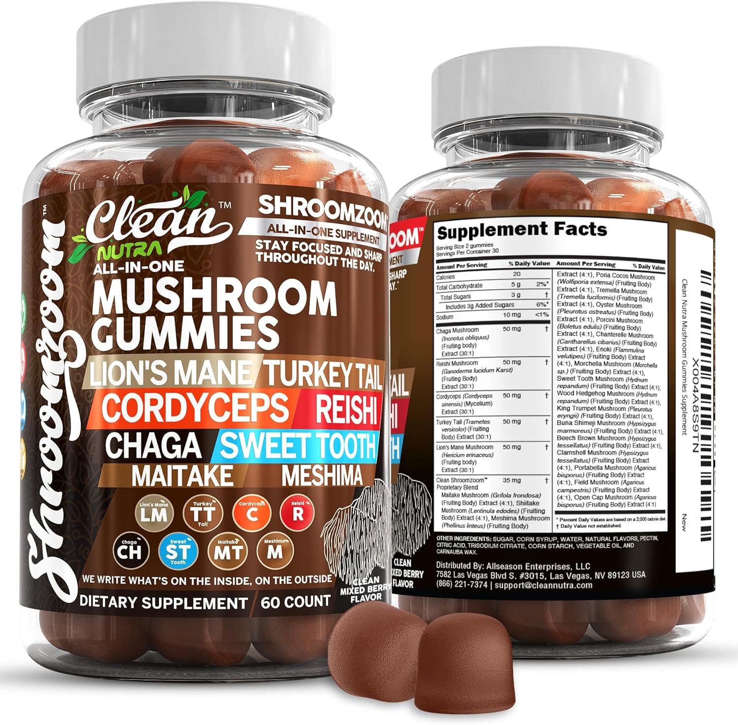 15in1 Mushroom Gummies with Lion’s Mane Turkey Tail Cordyceps Reishi Chaga Sweet Toot Maitake Meshima Poria Cocos Shiitake Tremella, Oyster Agaricus Mushrooms for Men and Women Supplement Clean Nutra