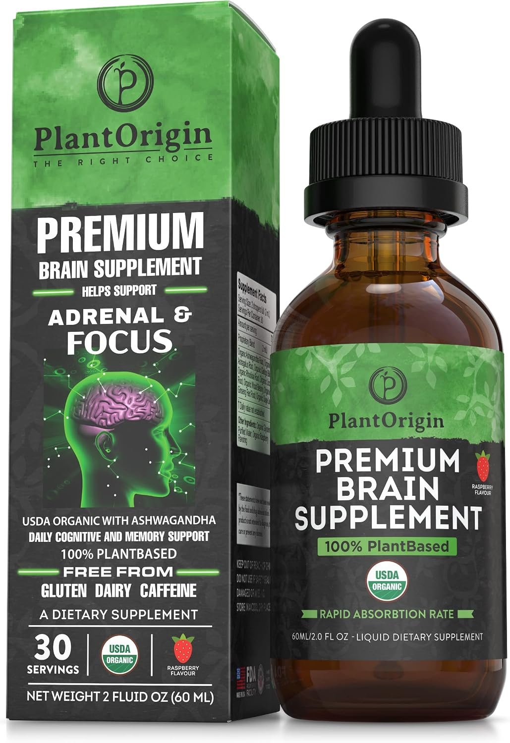 USDA Certified Organic Brain Supplement Liquid Drops – Nootropic for Focus & Memory– Ashwagandha, Ginkgo Biloba, Ginseng, Rhodiola & Astragalus – Vegan, Caffeine Free, Made in USA