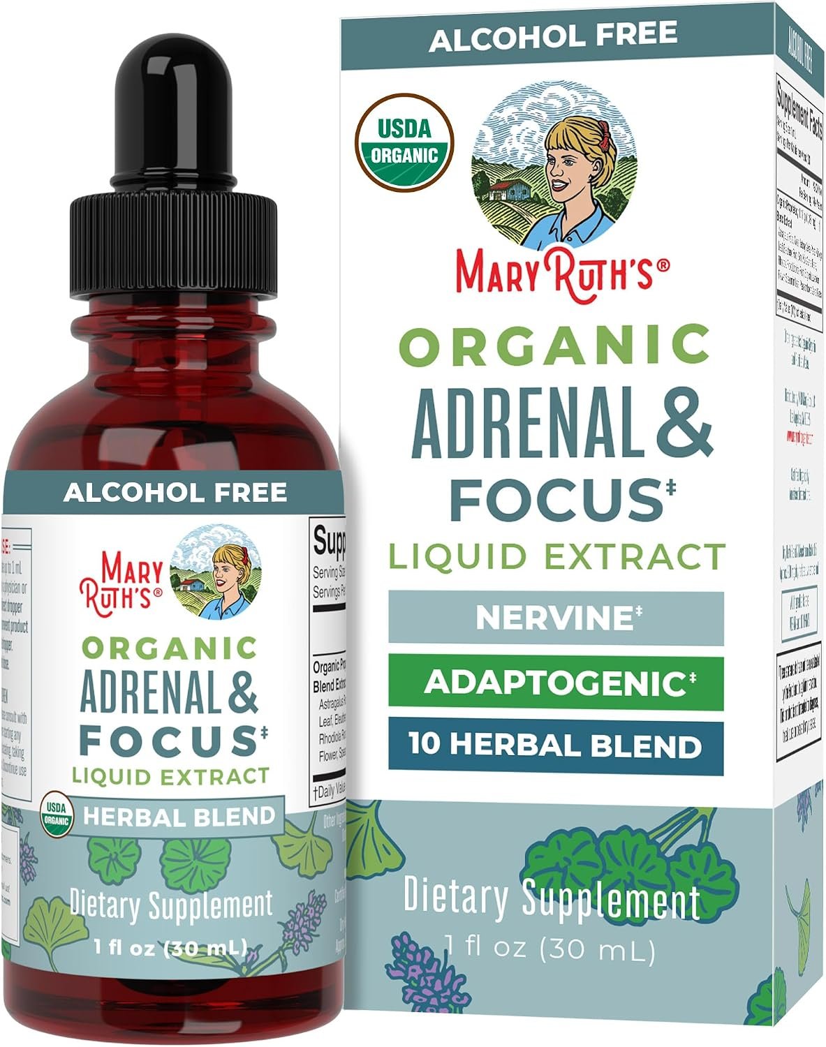 MARYRUTH’S Adrenal & Focus Drops | Supplement for Focus & Stress Support | Adaptogenic & Nervine Herbs | Ginkgo Leaf, Astragalus Root, & More | Vegan | USDA Organic | CLP Certified | Non-GMO | 1 oz