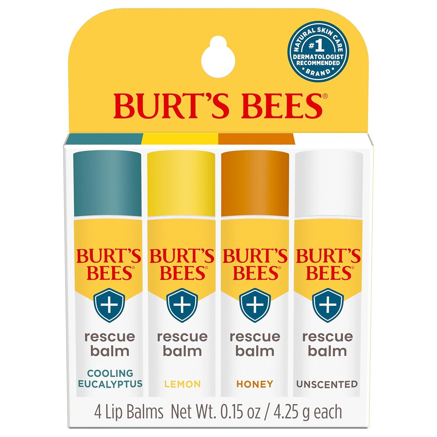 Burt’s Bees 100% Natural Rescue Lip Balm, Cooling Eucalyptus, Lemon, Honey, Unscented, 4 Tubes