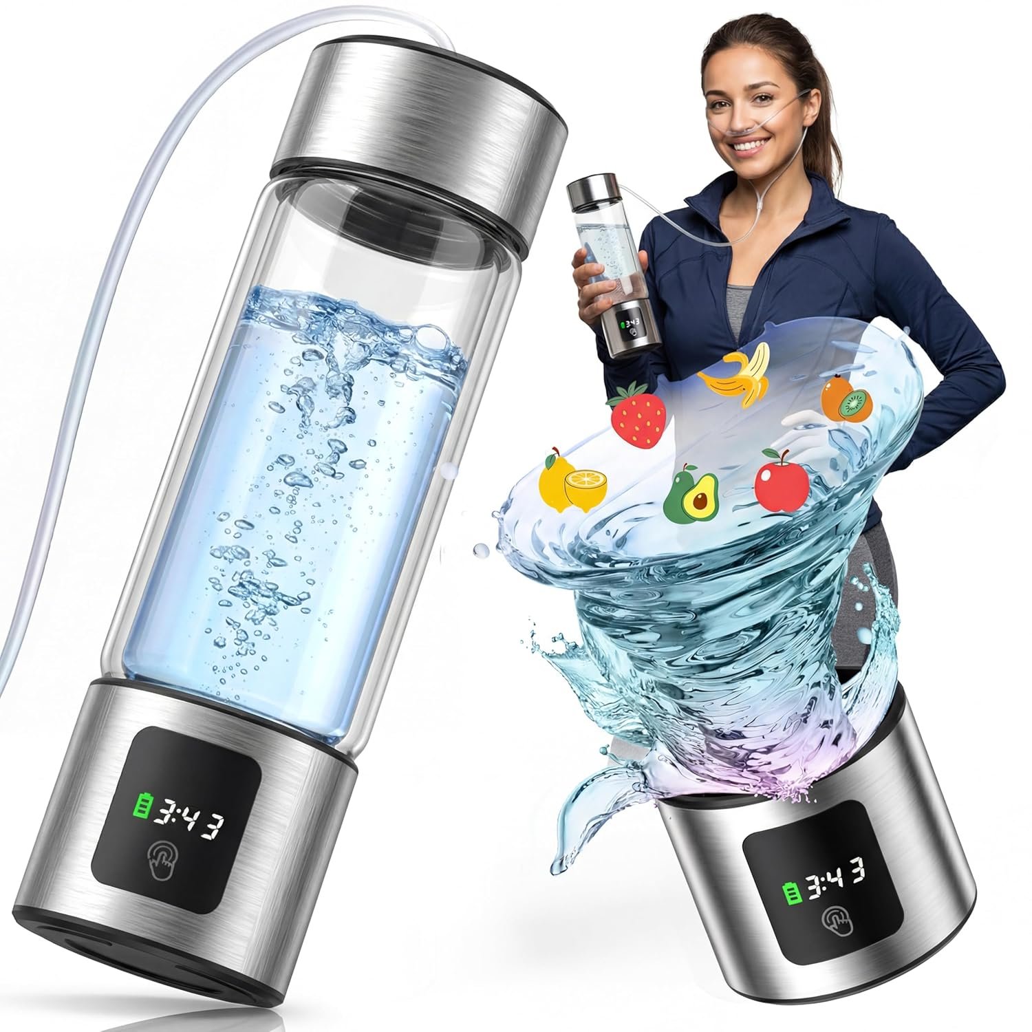 Hydrogen Water Bottle Generator, Up to 6000 PPB SPE-PEM, 460ml Borosilicate Glass, LED Display, USB Rechargeable, Leak-Proof, Portable with Inhalation Tube for Home, Gym & Travel