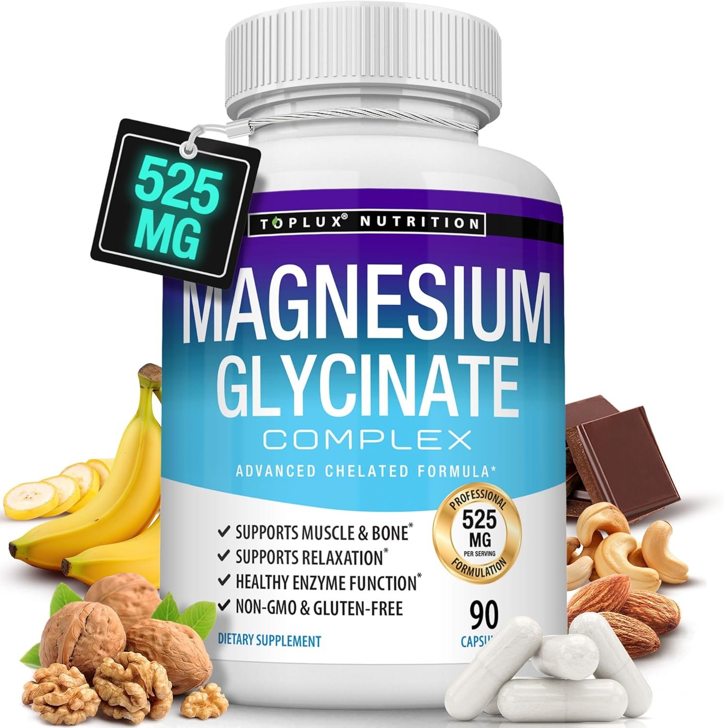 Magnesium Glycinate 525mg – High Absorption Chelated Magnesium Supplement Made with Pure Magnesium Glycinate – Supports Muscles, Sleep, Cramps, Recovery Bisglycinate Complex Vegan Non-GMO 90 Capsules
