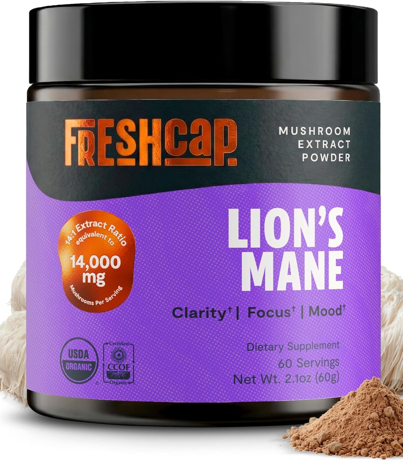 FreshCap Mushrooms Premium Organic Lions Mane Powder – 14:1 Fruiting Body Extract with 31% Beta-Glucans – 3rd-Party Tested Nootropic for Clarity, Focus & Cognitive Support (60 Servings)