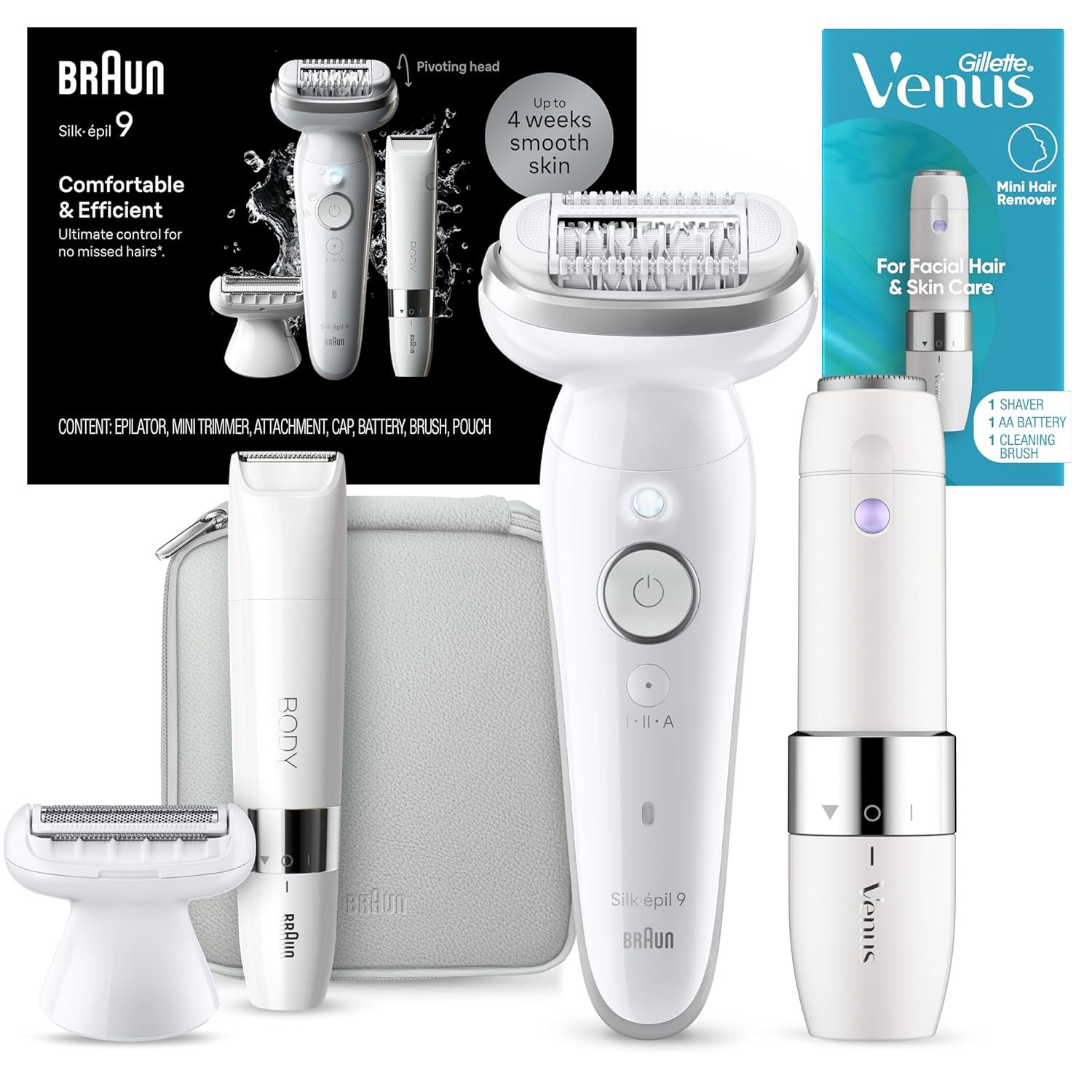 Braun Silk-épil 9 Epilator, Pivoting Head, Wet and Dry, SES9-441, Includes Body Trimmer, Shaver Head and Trimmer Comb, Gillette Venus Mini Facial Hair Remover