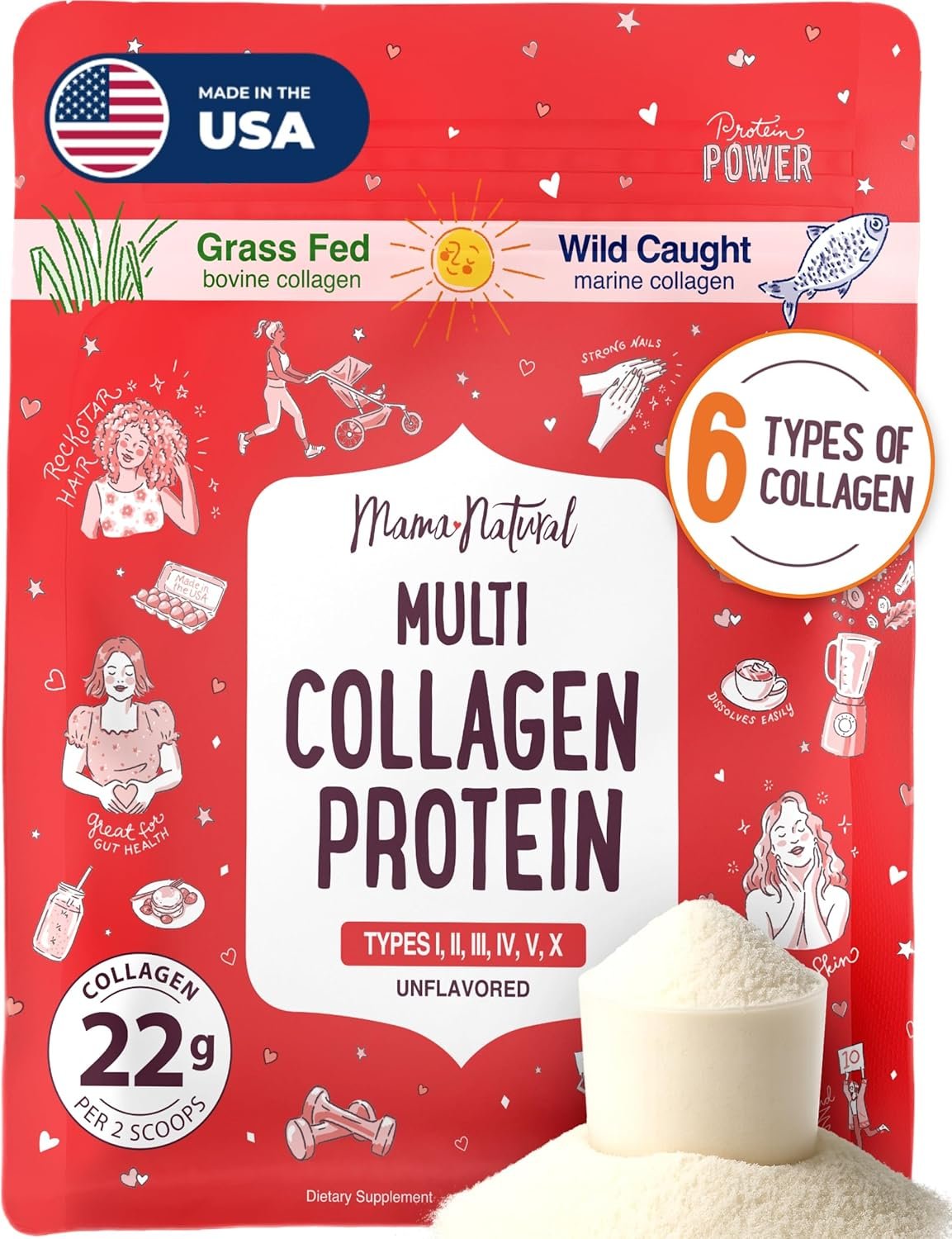 Multi Collagen Protein Powder Type I II III IV V X – Unflavored & Hydrolyzed 16Oz Pure Collagen Peptides Powder – Grass Fed Beef, Wild Fish Marine & USA Eggshell – Whole Body Collagen