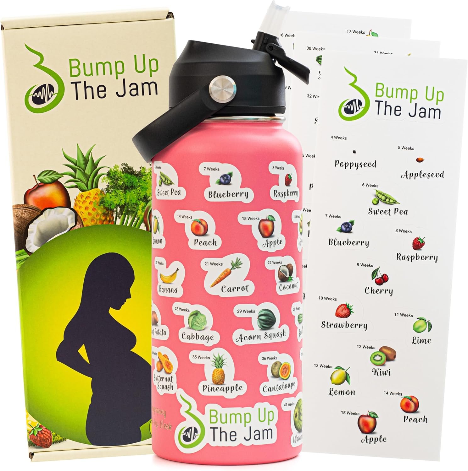 Pregnancy Water Bottle Tracker – 32 Ounce Stainless Steel – Includes Weekly Pregnancy Tracker Stickers (Coral Crush)