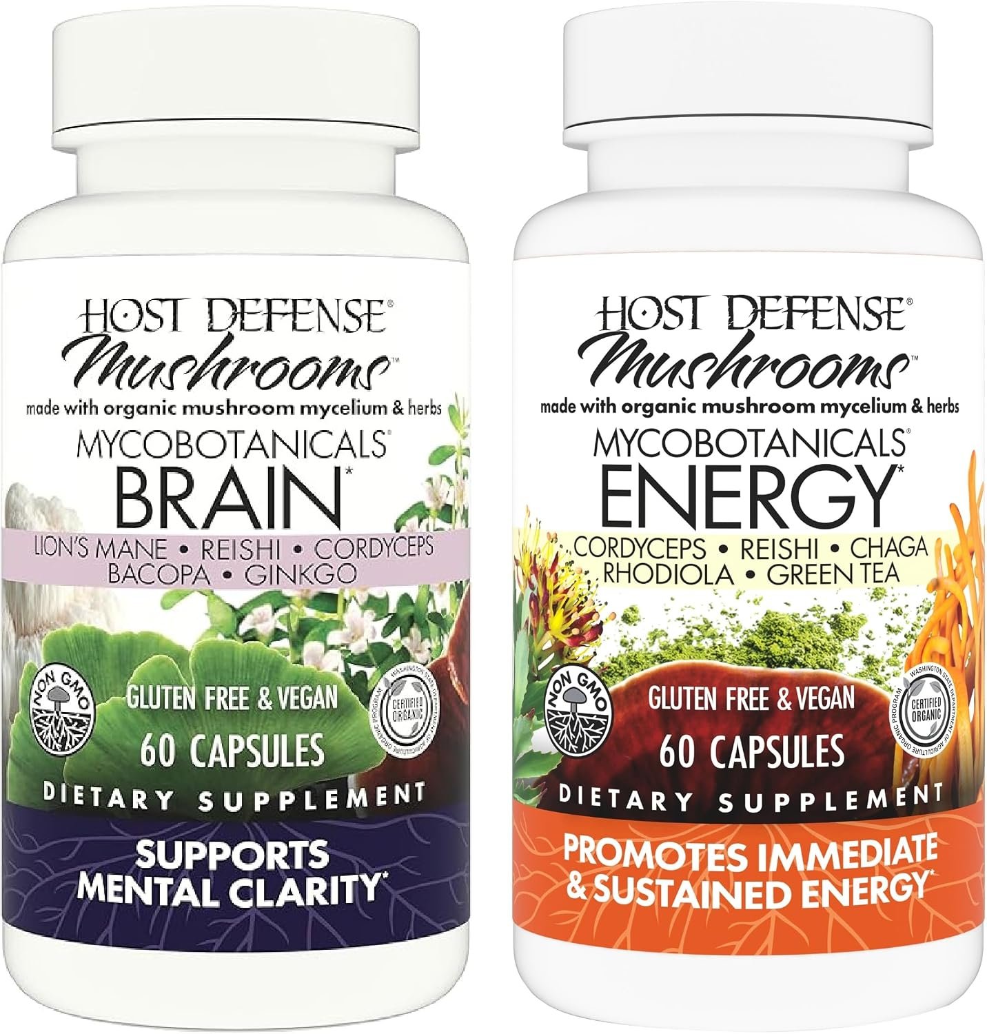 Host Defense Bundle with MycoBotanicals Brain* Capsules, 60 Count & MycoBotanicals Energy* Capsules, 60 Count – Support Memory & Focus – Support Sustained Energy