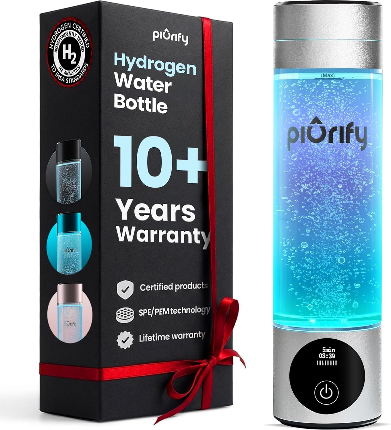 PIURIFY Hydrogen Water Bottle Generator | Up to 6300+ PPB in 3 Cycles | Molecular Hydrogen with SPE/PEM Technology | Certified H2 Generator | Rechargeable | Extended Warranty | 10 oz (Silver)