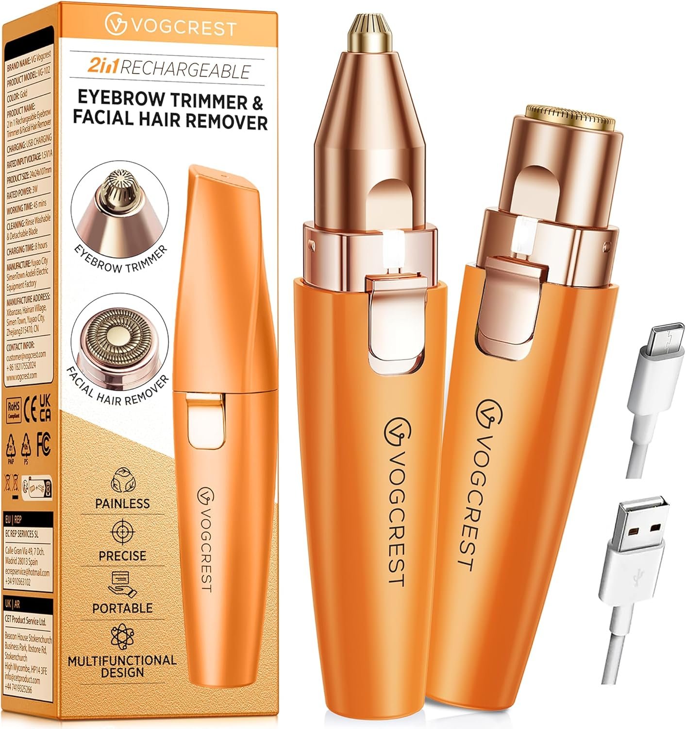 VG VOGCREST Eyebrow Facial Trimmer: 2 in1 Rechargeable Facial Hair Removal and Eyebrow Shaver – Face Lips Body Painless Facial Razor with Built-in LED Light (Orange)