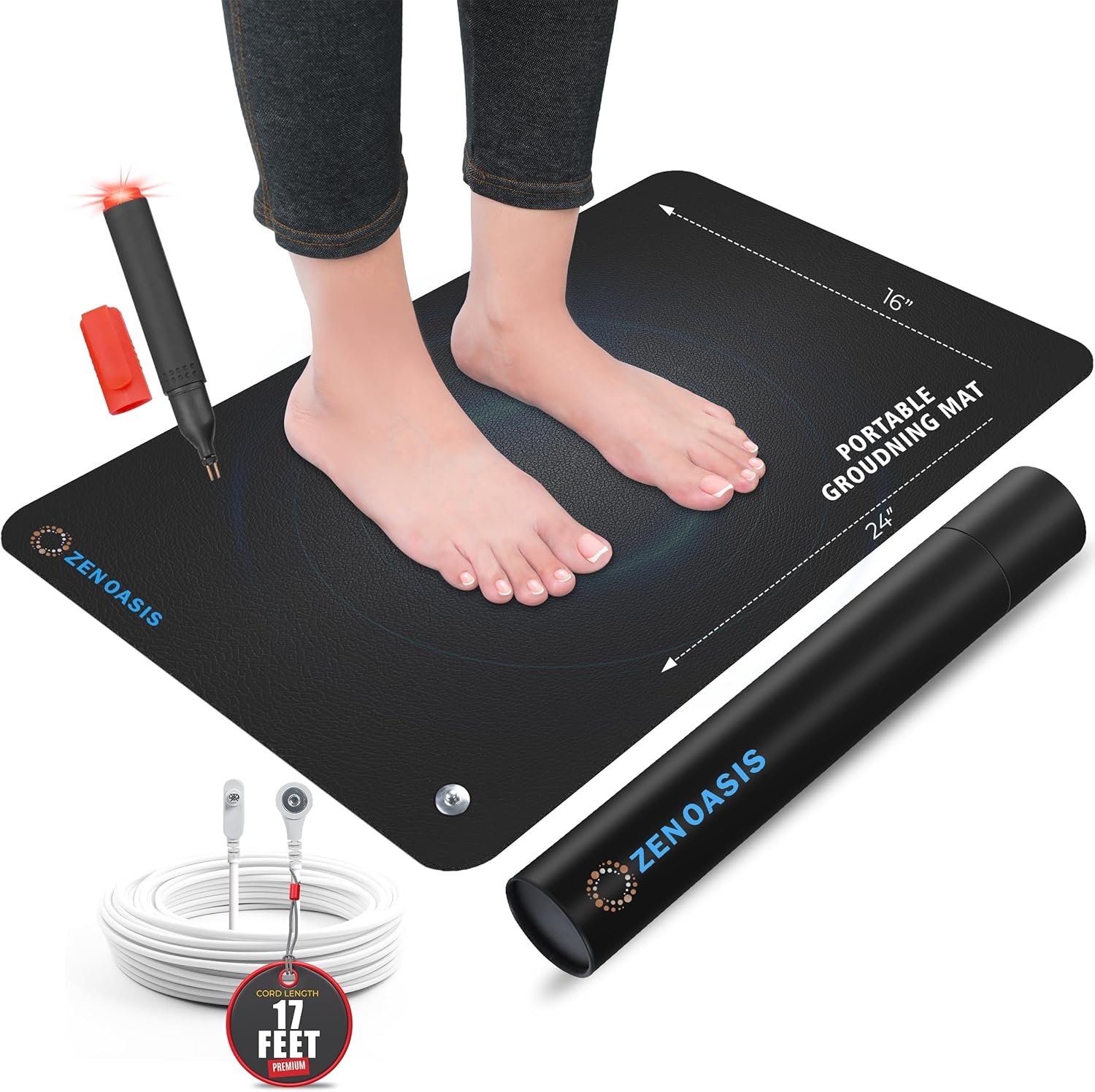 ZenOasis Grounding Mat for Feet with Conductivity Tester & 17-Ft Cord – 24″ x 16″ Grounding Pad Made with Conductive Carbon for Pain Relief, &Better Sleep, Non-Slip Earthing Mat for Home, Office & Gym