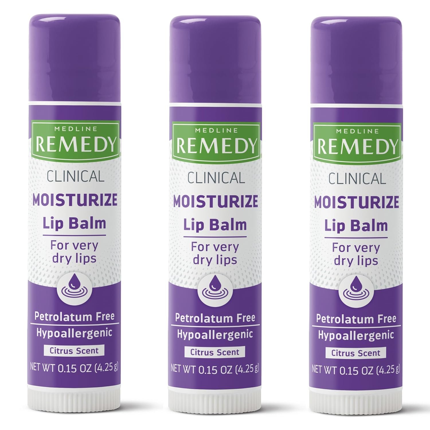 Medline Remedy Clinical Lip Balm, 3 Count, Citrus Scent, Moisturizing, Hydrating, Nourish, Nutrient Rich, Soothing Natural Oils, Revitalize, Comforting, Skin Conditioners, 0.15 oz Stick