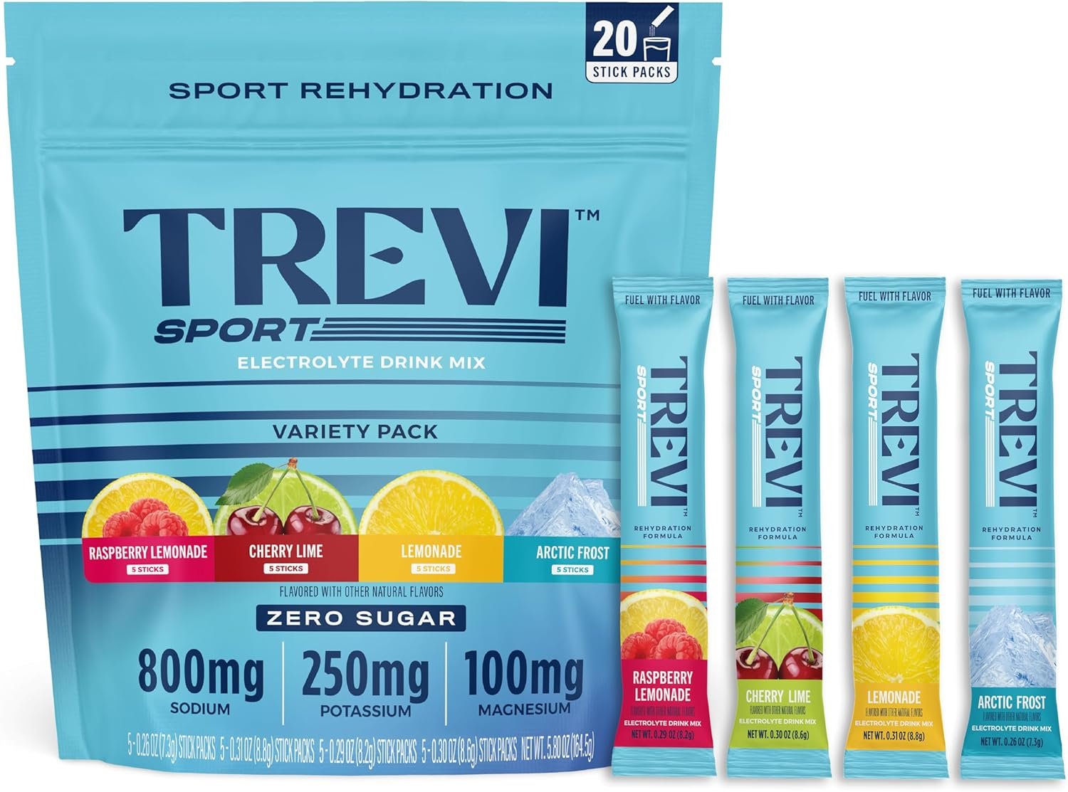 TREVI™ Sport Electrolytes Powder Packets Sugar Free – 800mg Sodium – 250mg Potassium – 100mg Magnesium – Water Drink Mix Rehydration Essentials – 20 Count – Variety Pack