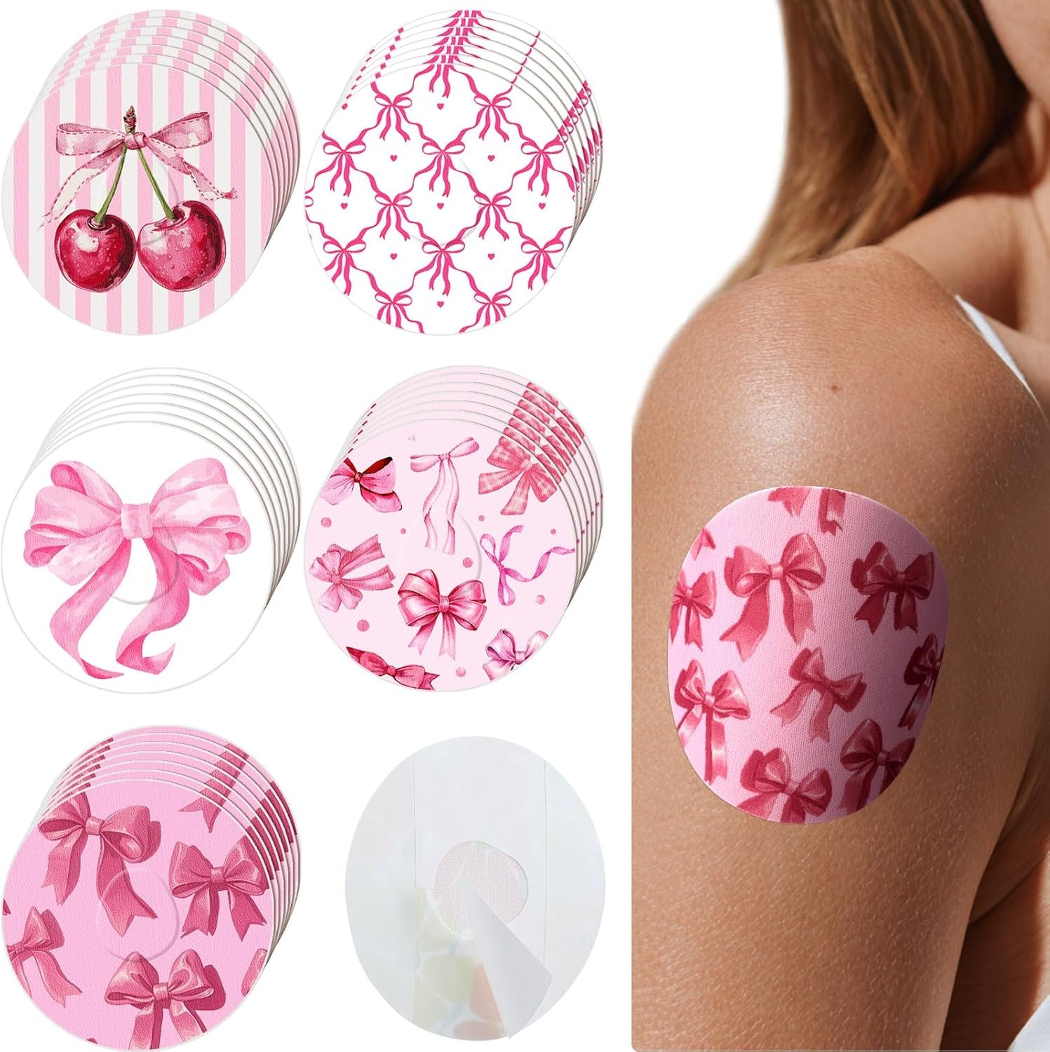Geiserailie 30 PCS Adhesive Patch Compatible with Libre 3 Pre-Cut Flowers Pink Bow NO Glue in The Center Sensor Cover for Continuous Glucose Monitor Long Fixation Flexible Breathable