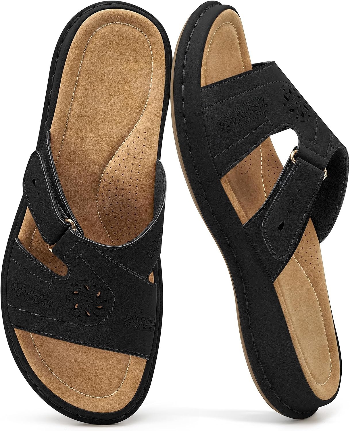 Womens Casual Slide Sandals: Adjustable Fit & Non-Slip Rubber Outsole for Errands – Arch Support & Cushioned Memory Foam Insole for Outdoor & Indoor Comfort – For Busy Women
