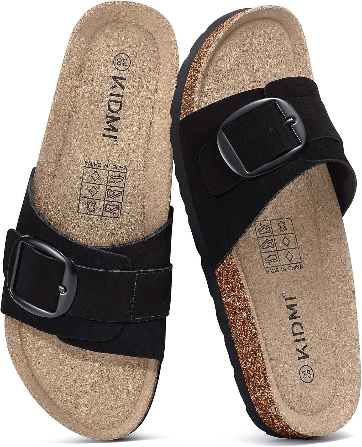 KIDMI Genuine Suede Cork Footbed Sandals for Women Comfortable Summer Slides with Buckle