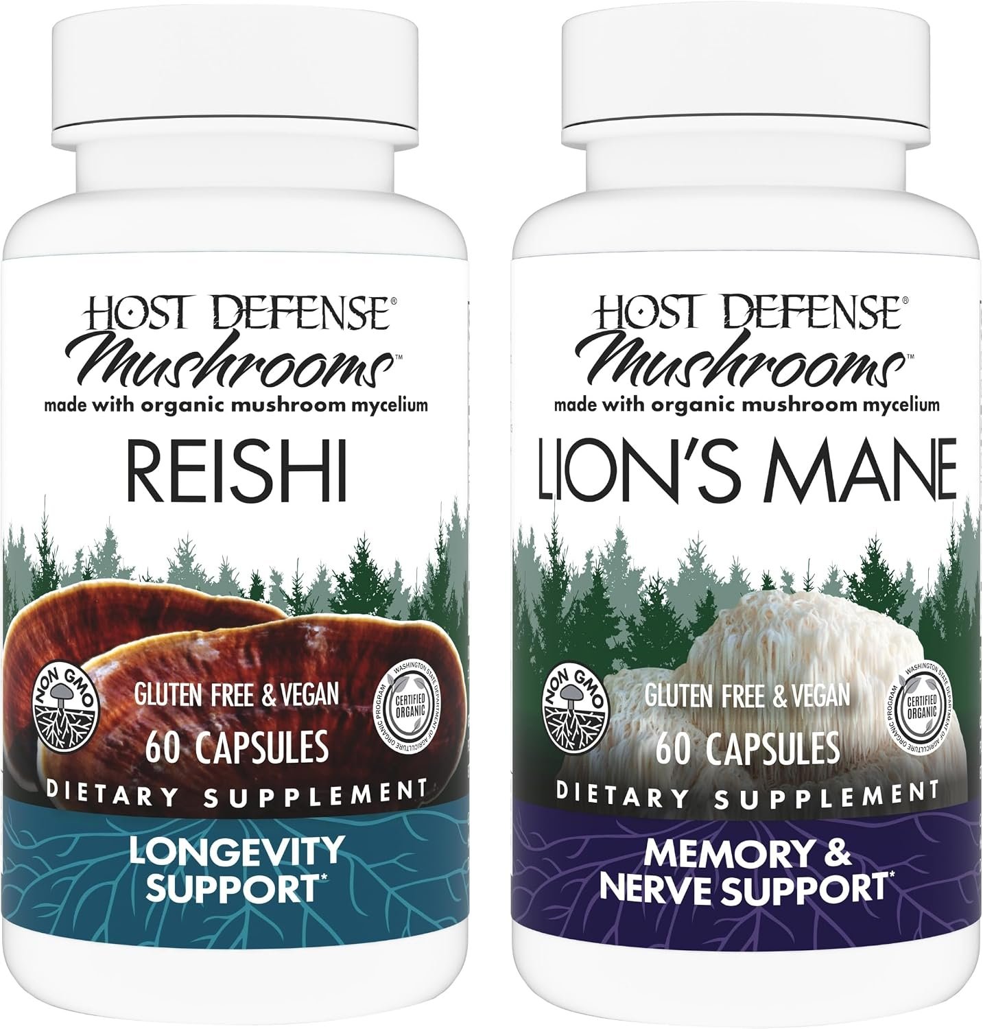 Host Defense Bundle with Reishi Capsules, 60 Count & Lion’s Mane Capsules, 60 Count – Support Heart & Immune Health – Support Brain Health, Memory & Focus