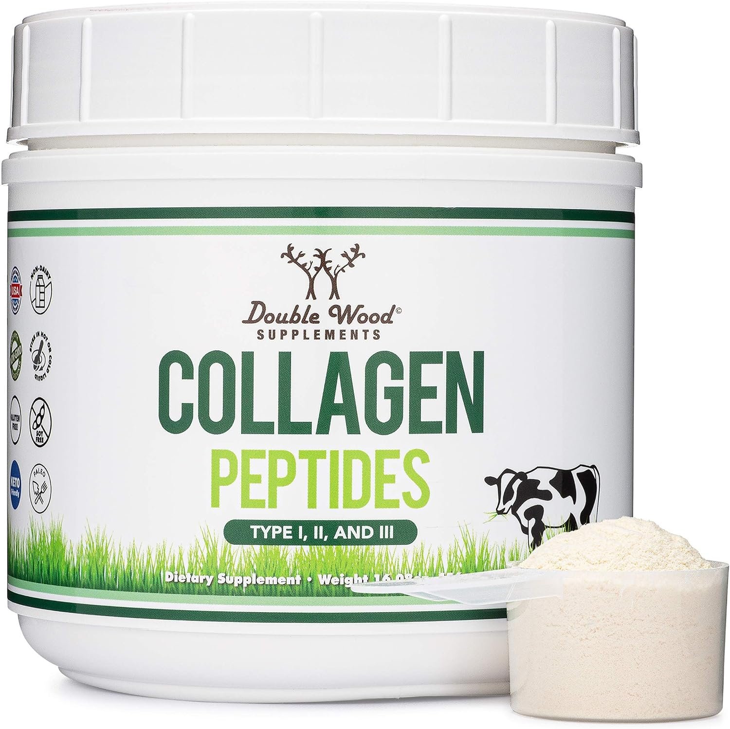 Collagen Peptides Powder – Hydrolyzed Collagen, Keto Safe – 16.08oz – Multi Type 1, 2, and 3 (Grass Fed Bovine Source)(Colageno Hidrolizado) Collagen Supplements for Women and Men by Double Wood