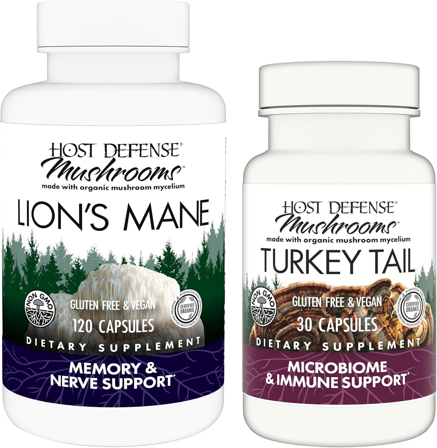 Host Defense Bundle with Lion’s Mane Capsules, 120 Count & Turkey Tail Capsules, 30 Count – Support Brain Health, Memory & Focus – Support Digestive & Immune Health