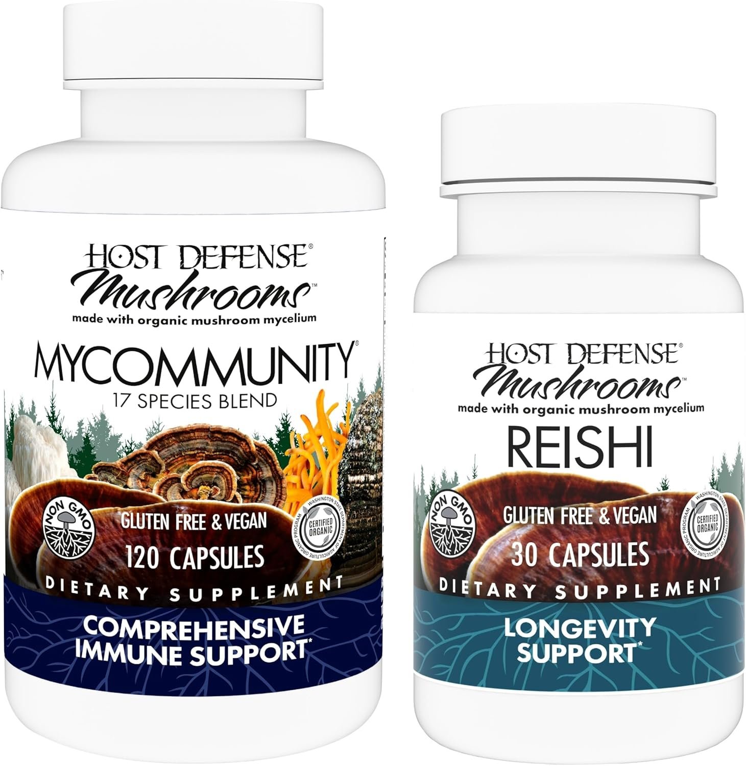 Host Defense MyCommunity Capsules, 120 Count & Reishi Capsules, 30 Count – Support Immune Health with 17 Species Mushroom Blend – Support Brain Health, Memory & Focus