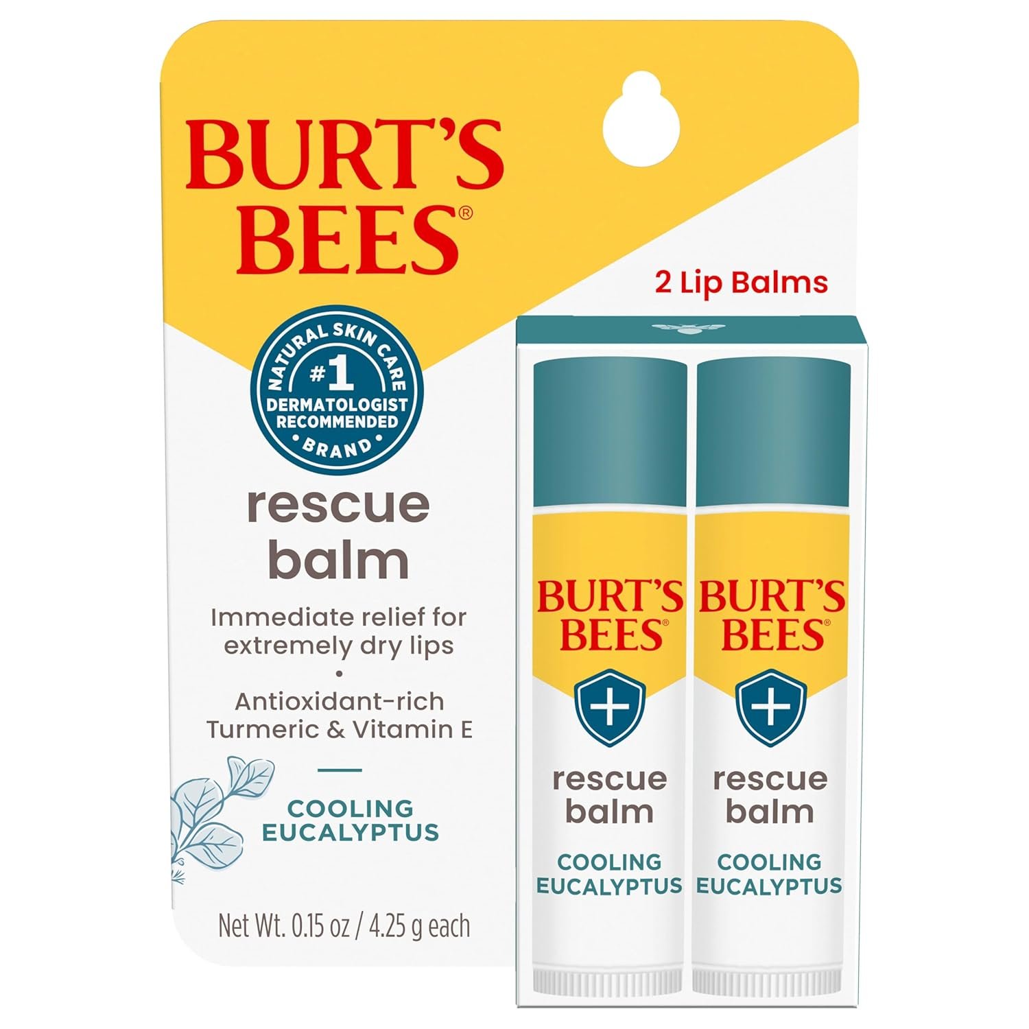 Burt’s Bees 100% Natural Origin Rescue Lip Balm With Beeswax and Antioxidant-Rich Turmeric Promotes Healing Of Extremely Dry Lips, Cooling Eucalyptus, 2 Tubes in Blister Box(Pack May Vary)