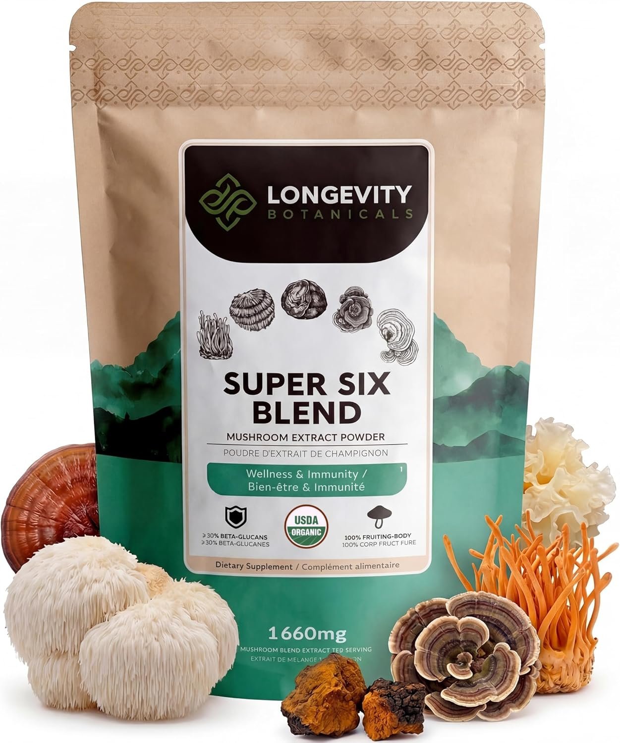 Organic Super Six Mushroom Powder Supplement Extract 100g | Lion’s Mane, Reishi, Cordyceps, Turkey Tail, Chaga & Tremella Full-Spectrum Complex | Fruiting Body | ≥30% Beta-D-Glucans | Daily Wellness