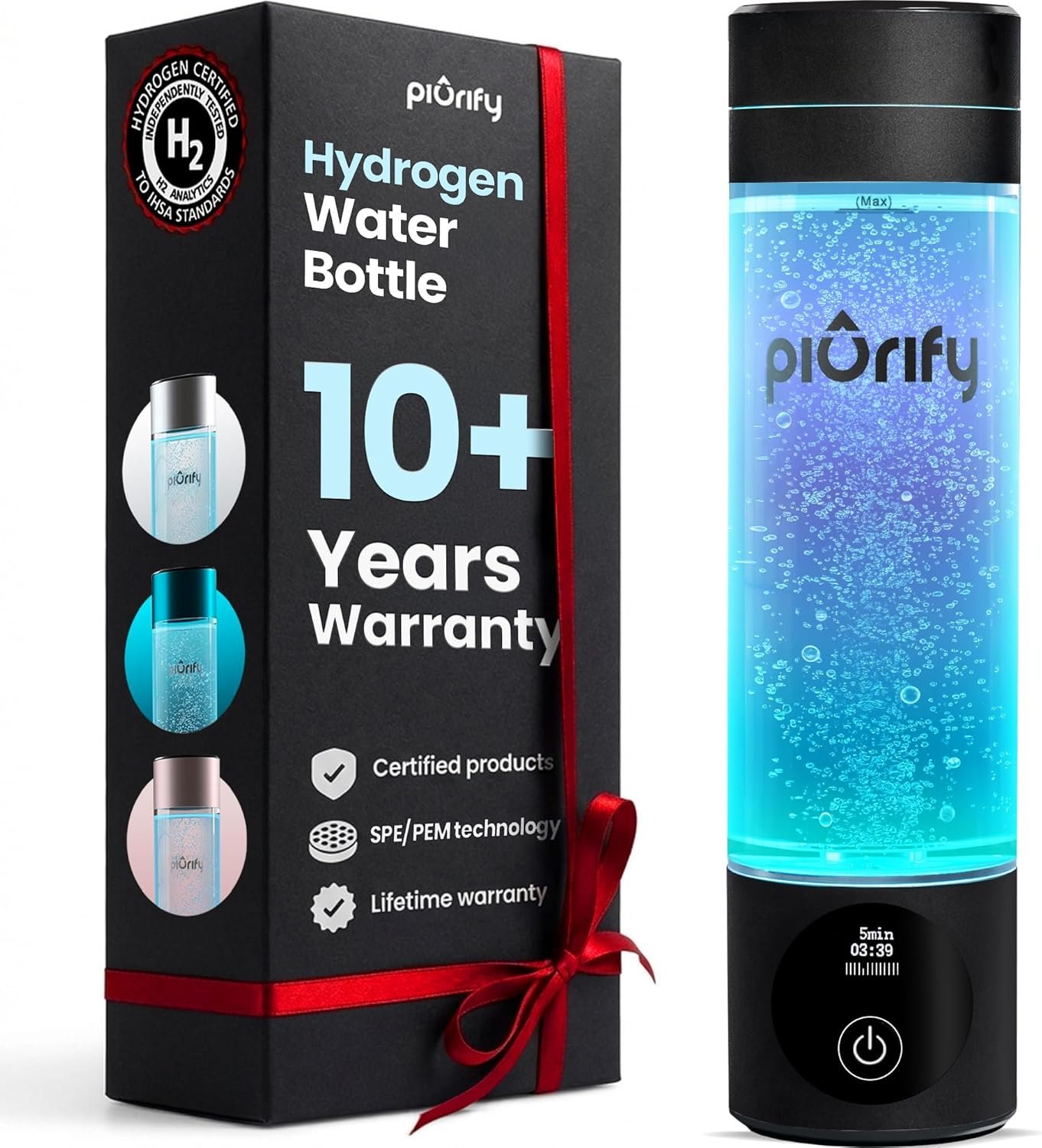 PIURIFY Hydrogen Water Bottle Generator | Up to 6300+ PPB in 3 Cycles | Molecular Hydrogen with SPE/PEM Technology | Certified H2 Generator | Rechargeable | Extended Warranty | 10 oz (Black)