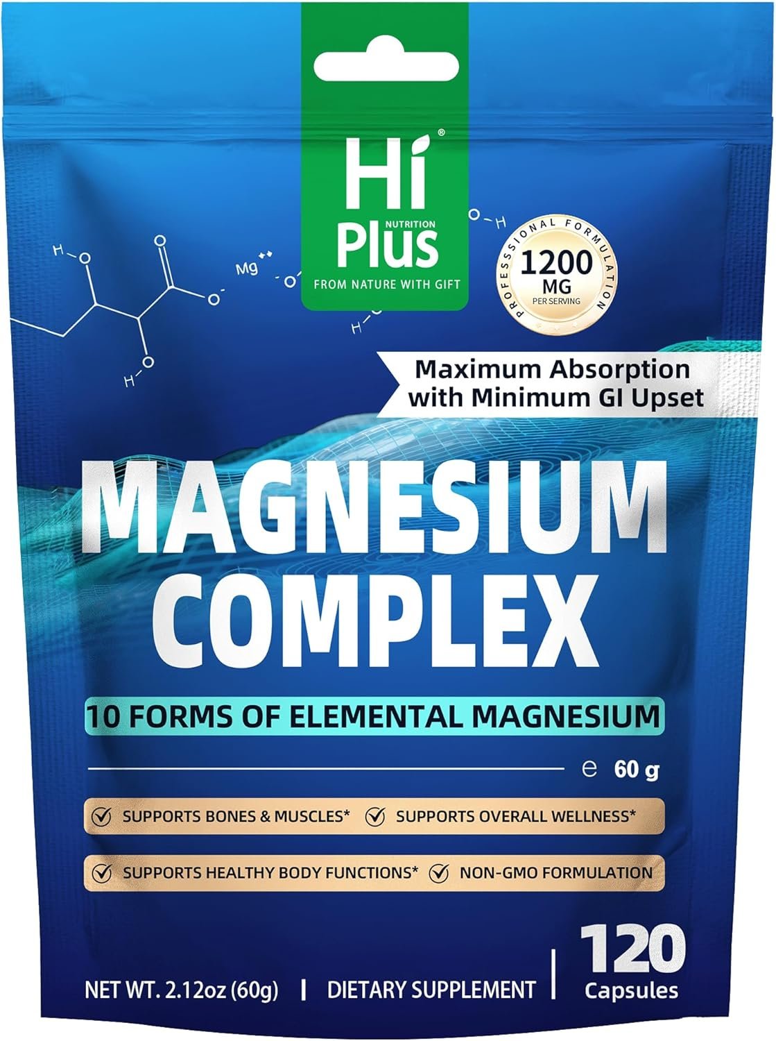 Magnesium Complex Supplement with 10 Forms of Elemental Magnesium, 1200 mg per Serving, Magnesium Glycinate, Citrate, Malate & Taurate, High Absorption Vegan Capsules, Non-GMO