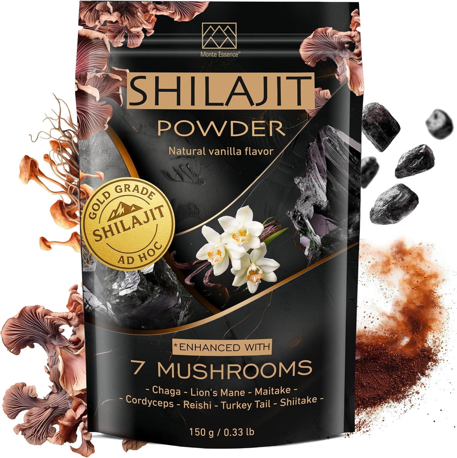 Gold Shilajit Powder & 7 Mushroom Complex – Energy, Focus & Brain Support – Lion’s Mane, Chaga, Reishi, Cordyceps, Turkey Tail – Vanilla Flavored – 150g, 2000mg/Serving – Vegan, Non-GMO, No Fillers