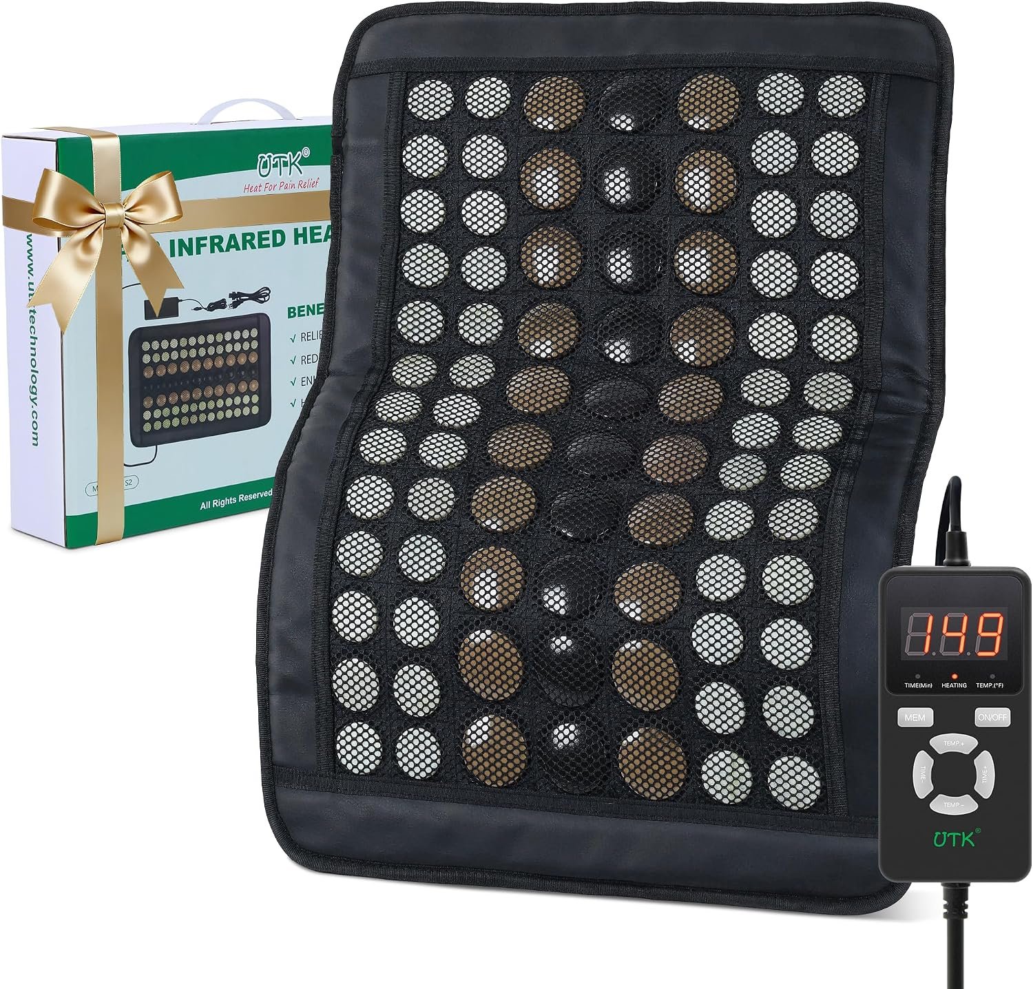 UTK Far Infrared Heating Pad for Back, Hot to 149℉, Infrared Heating Pads with 52 Natural Jade & 30 Tourmaline Stones, EMF Free, 24 Timers & Auto Shut Off, Gift for Women Men, Size: 23.5″ x 16”
