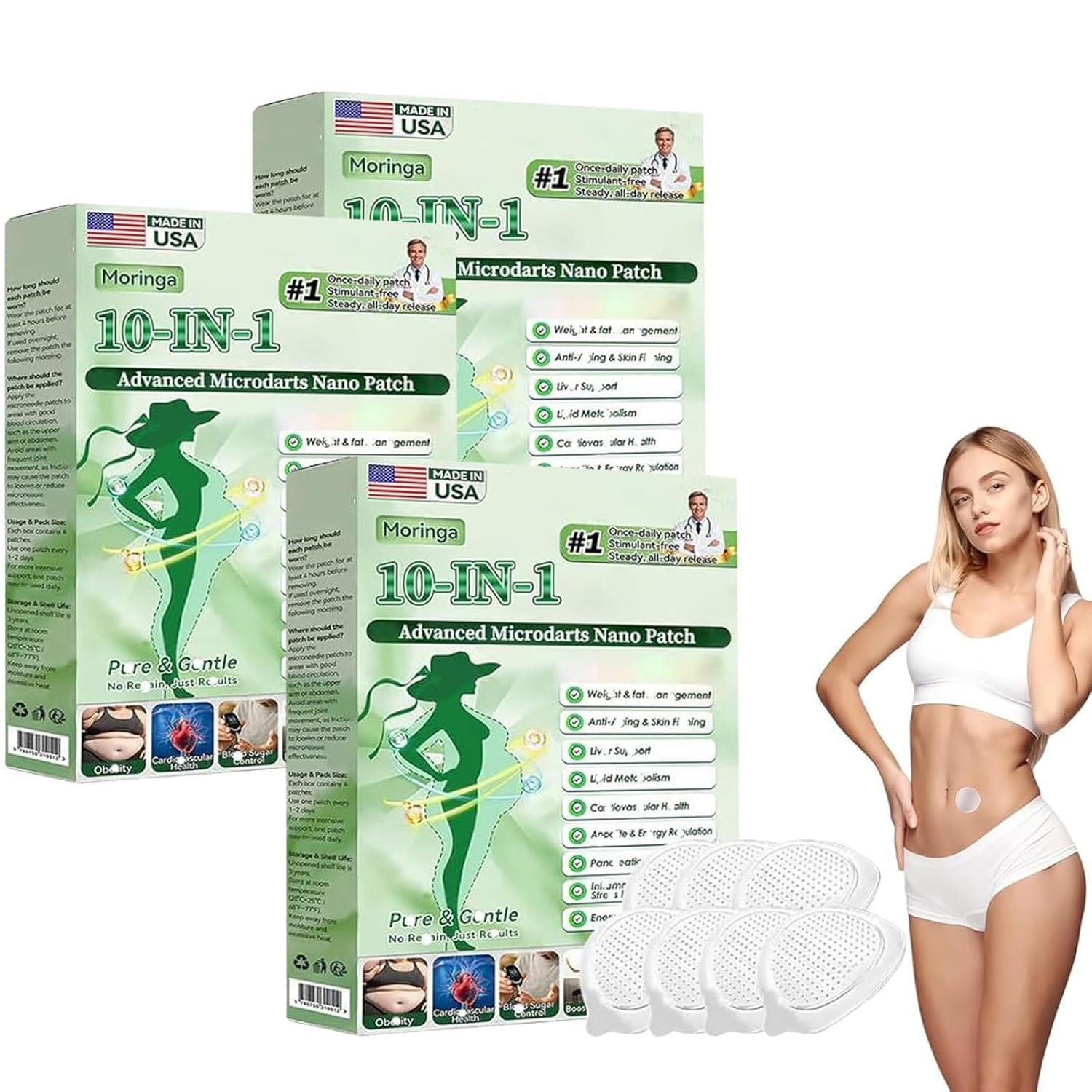 Moringa Patch,10-in-1 Nano Microdarts Patch,Natural Formula for Women and Men Suitable for All Skin(3 Boxes) 1
