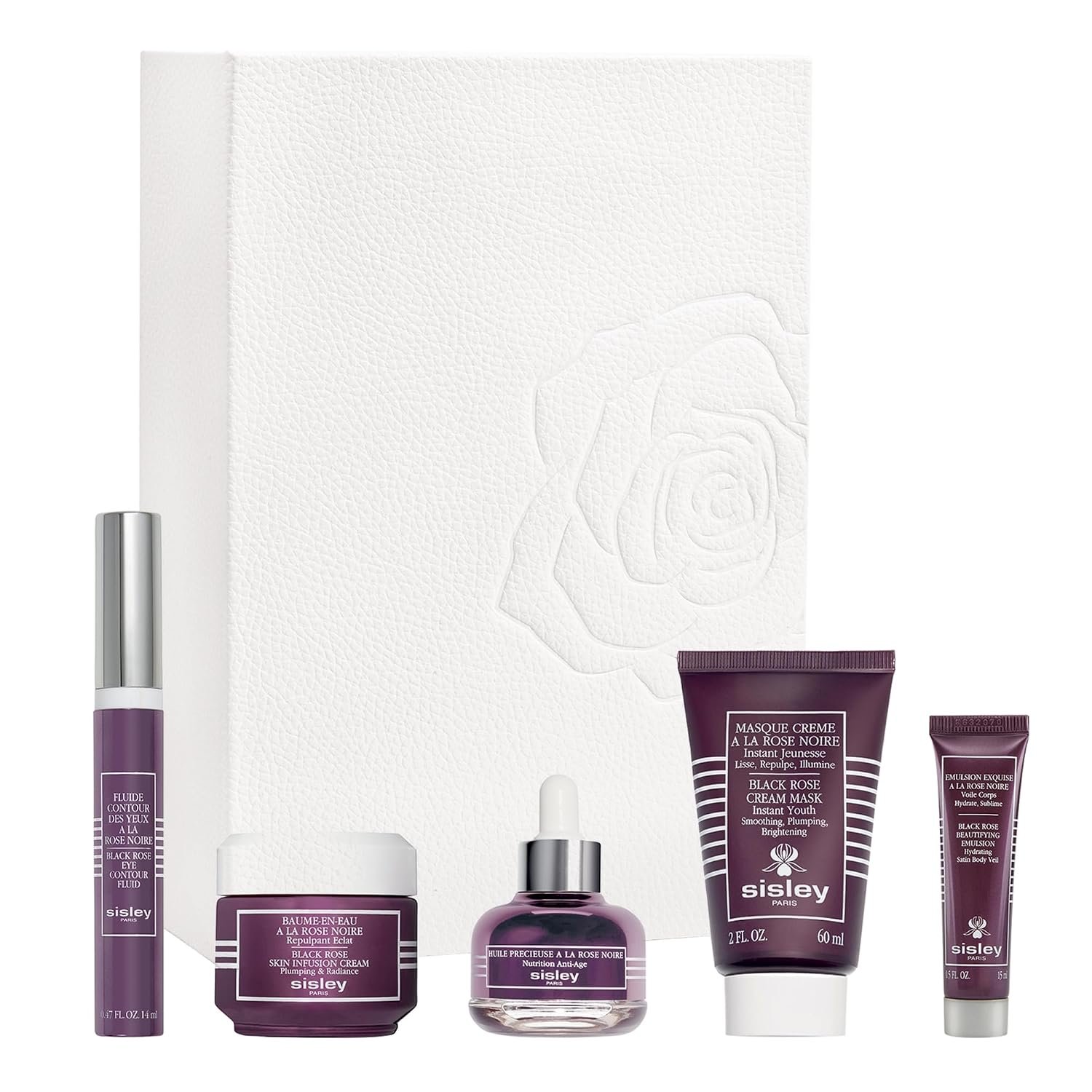 Sisley Paris Black Rose Collection Set – Includes Cream Mask (60 mL), Skin Infusion Cream (50 mL), Precious Face Oil (25 mL), Eye Contour Fluid (14 mL) & Beautifying Emulsion (15 mL)