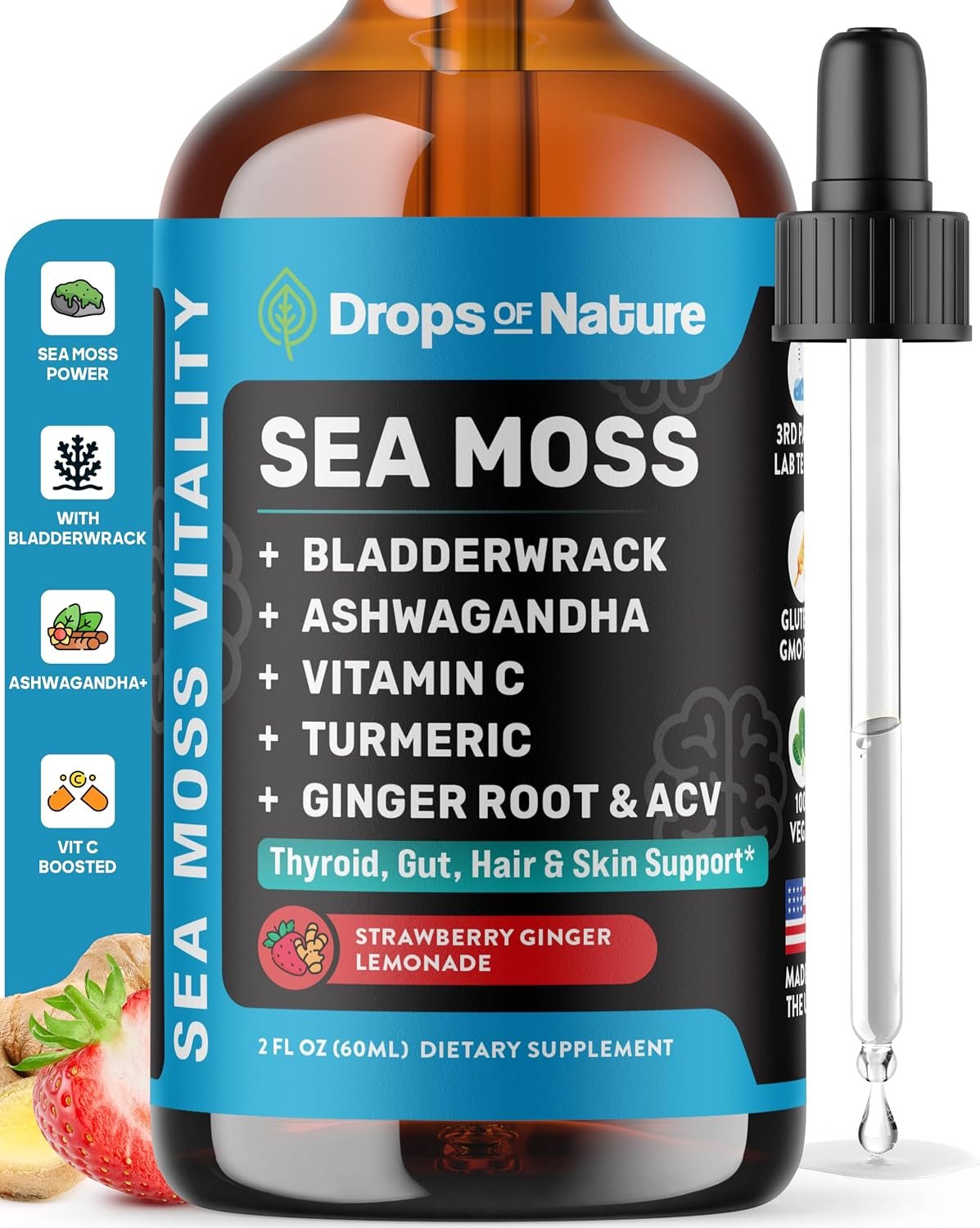 Drops Of Nature Sea Moss Vitality Drops – Strawberry Ginger Lemonade, 60 mL